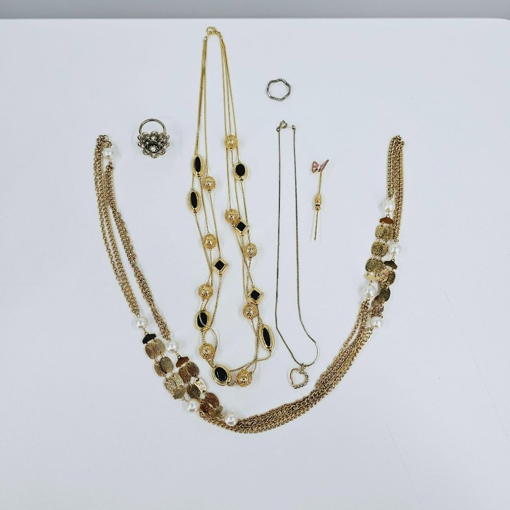 Assorted Bundle of Costume Jewelry Necklaces Rings Stick Pen Gold Metal Art Deco